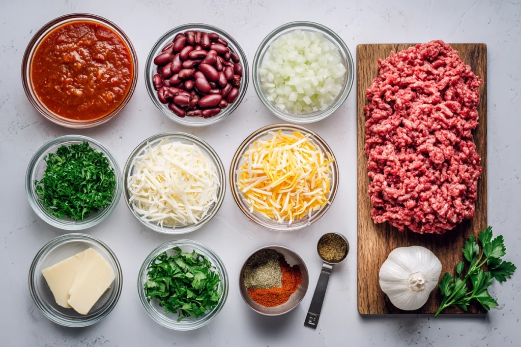 overhead view of ingredients for ground beef slow cooker recipes arranged in bowls and on wooden board