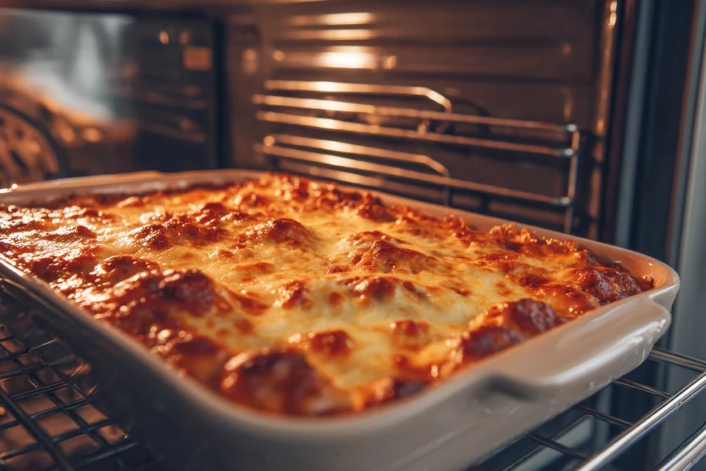 Hamburger Jazz casserole baking in oven with melted cheese bubbling under natural light.
