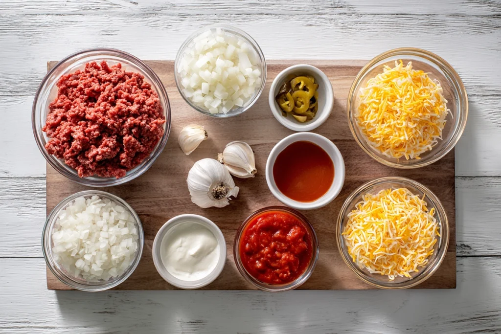 Overhead photo of Hamburger Jazz ingredients including ground beef, rice, cheese, and tomatoes on a wooden board in natural light.