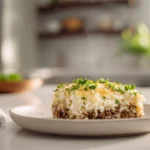 Photorealistic close-up of Hamburger Jazz casserole with melted cheese and fresh herbs in a bright modern kitchen.