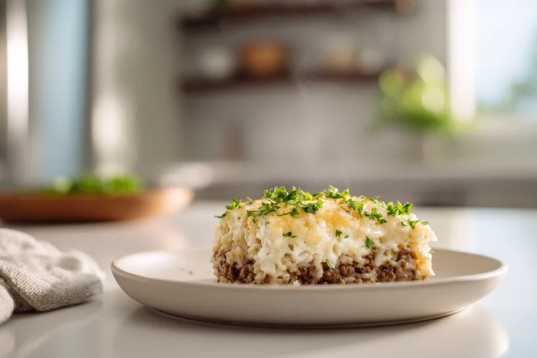 Photorealistic close-up of Hamburger Jazz casserole with melted cheese and fresh herbs in a bright modern kitchen.