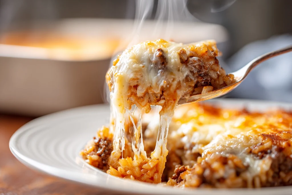 Spoon serving a portion of Hamburger Jazz casserole showing melted cheese and creamy rice on a white plate.