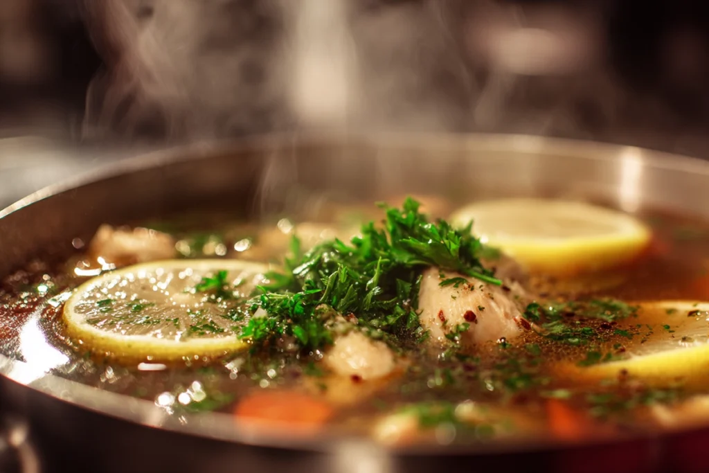 Healing Chicken Soup – A Comforting Bowl That Soothes from the Inside Out 10 close-up of healing chicken soup with parsley garnish and steam rising from golden broth