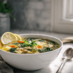 Healing Chicken Soup – A Comforting Bowl That Soothes from the Inside Out 11 bowl of healing chicken soup with vegetables and herbs in bright modern kitchen