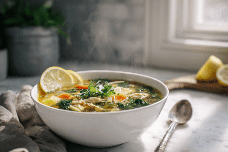 bowl of healing chicken soup with vegetables and herbs in bright modern kitchen