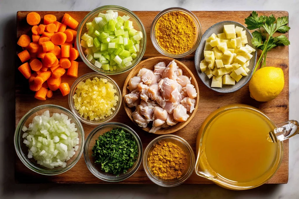Healing Chicken Soup – A Comforting Bowl That Soothes from the Inside Out 7 overhead view of healing chicken soup ingredients arranged neatly in bowls and on a wooden board