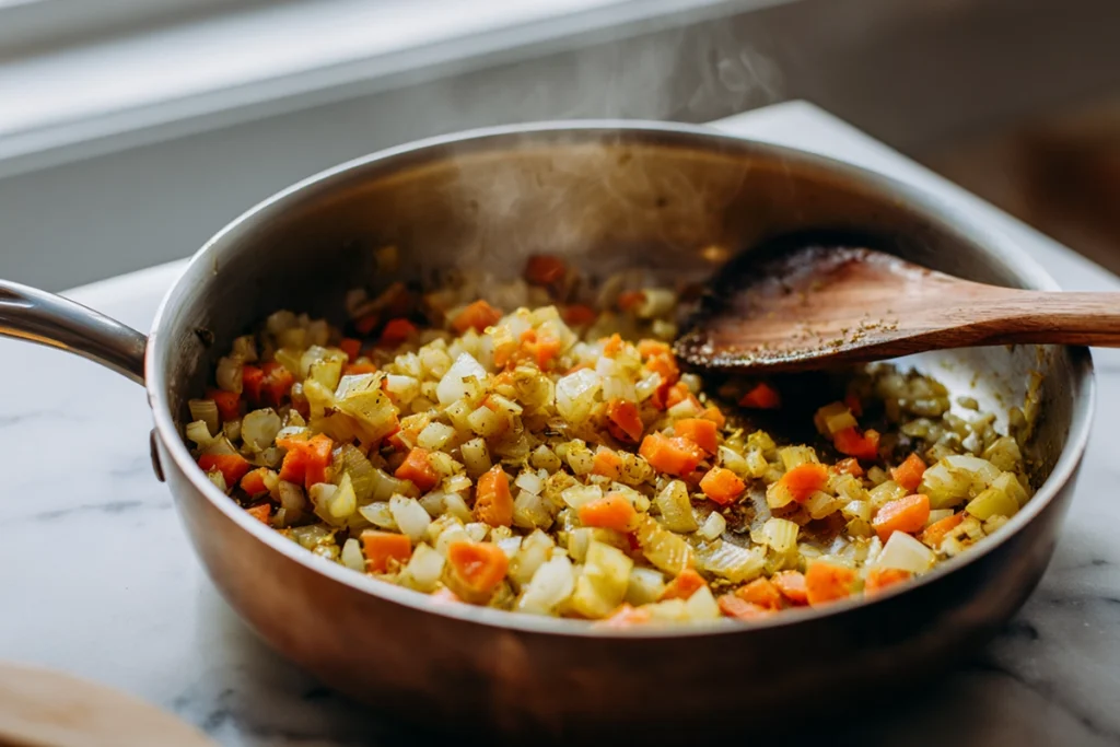 Healing Chicken Soup – A Comforting Bowl That Soothes from the Inside Out 8 close-up of onions garlic and carrots sautéing for healing chicken soup in stainless pot