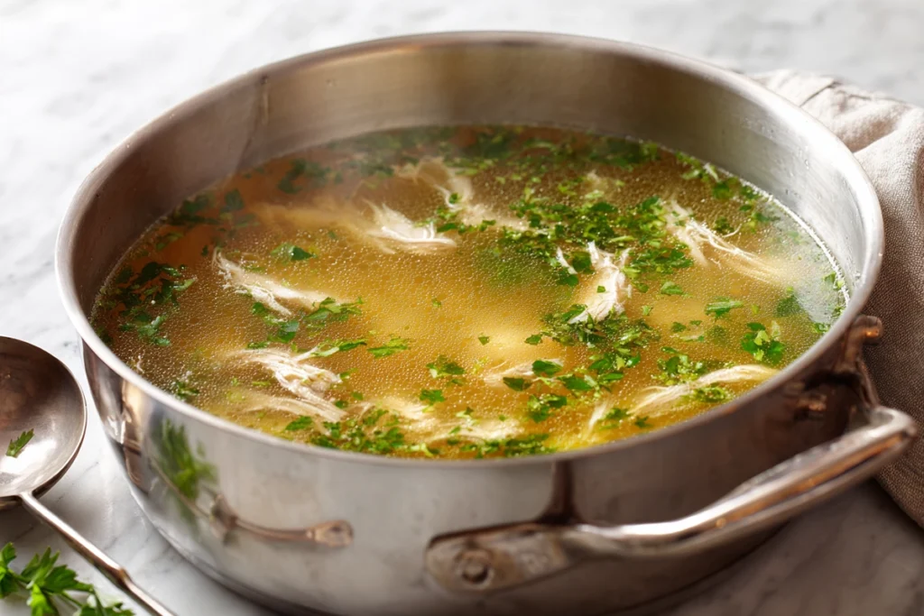Healing Chicken Soup – A Comforting Bowl That Soothes from the Inside Out 9 simmering pot of healing chicken soup with chicken herbs and vegetables under natural light