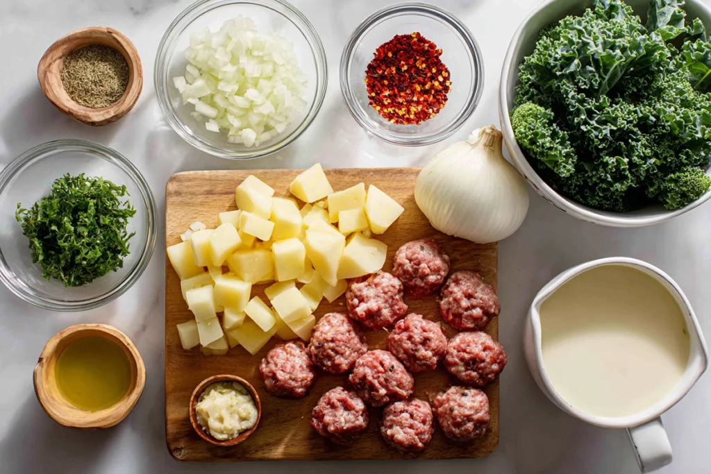 overhead view of zuppa toscana soup ingredients including sausage potatoes kale cream and broth