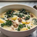 bowl of hearty slow cooker zuppa toscana soup with potatoes sausage kale and cream