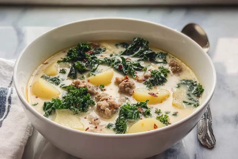 bowl of hearty slow cooker zuppa toscana soup with potatoes sausage kale and cream