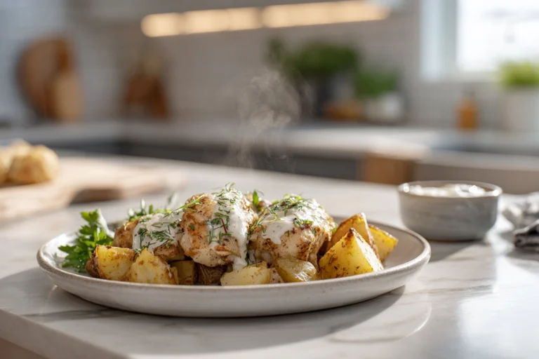 Hidden Valley Ranch chicken and roasted potatoes served on a white plate in a modern kitchen under bright natural light.
