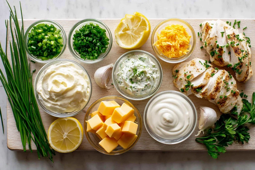 Hidden Valley Ranch Recipes: The Ultimate Guide to America’s Favorite Flavor 8 Overhead photo of Hidden Valley Ranch recipe ingredients including ranch mix, mayo, sour cream, herbs, and chicken on a wooden board.