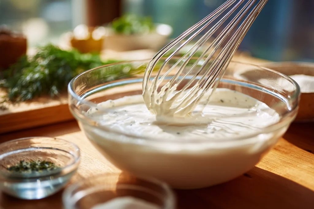 Hidden Valley Ranch Recipes: The Ultimate Guide to America’s Favorite Flavor 9 Whisking homemade Hidden Valley Ranch dressing in a glass bowl surrounded by herbs and seasonings.
