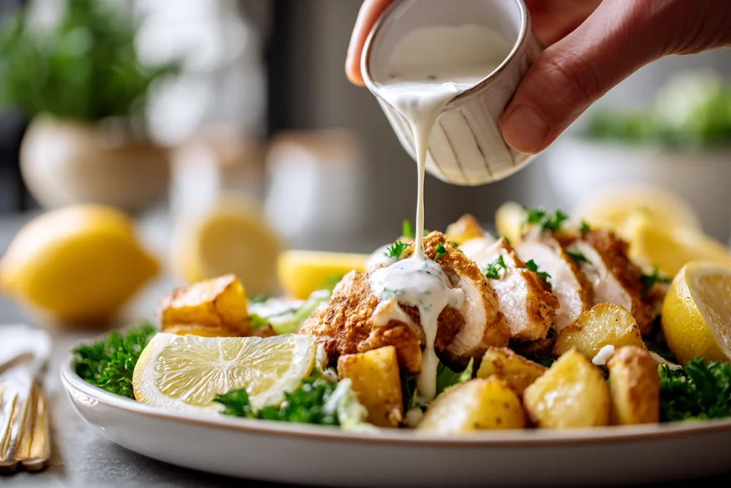 Hidden Valley Ranch Recipes: The Ultimate Guide to America’s Favorite Flavor 11 Drizzling Hidden Valley Ranch dressing over chicken and salad with parsley garnish in a bright modern kitchen.