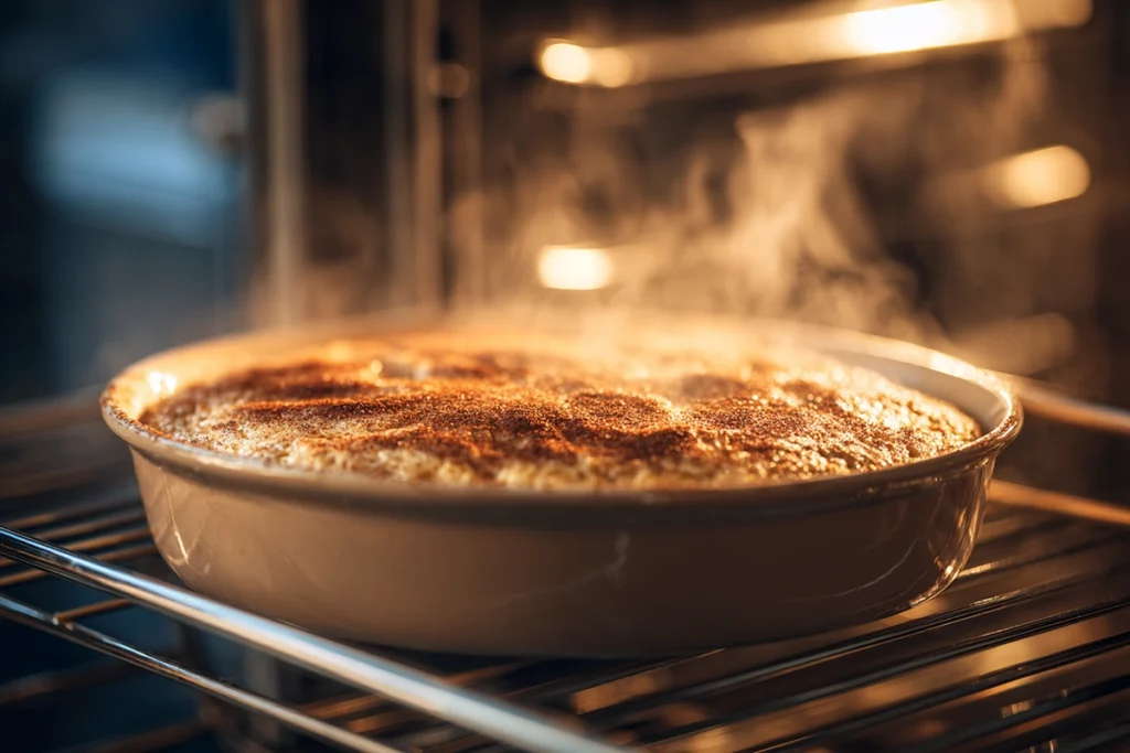 honey cinnamon dessert baking in oven with golden crust forming