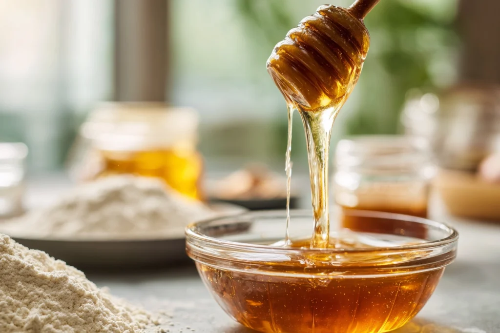 honey cinnamon dessert batter being mixed in bowl with honey drizzle