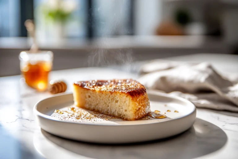 honey cinnamon dessert on a white plate with honey drizzle in modern kitchen