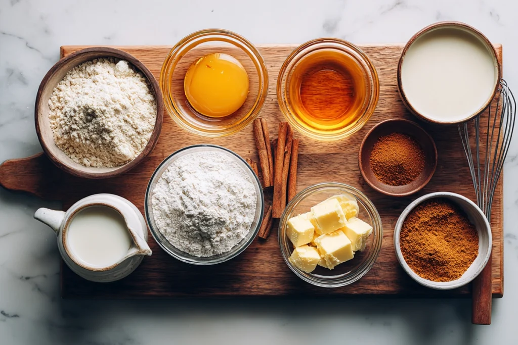 overhead shot of honey cinnamon dessert ingredients on marble countertop