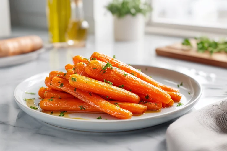 photorealistic honey roasted carrots on a plate in a modern kitchen