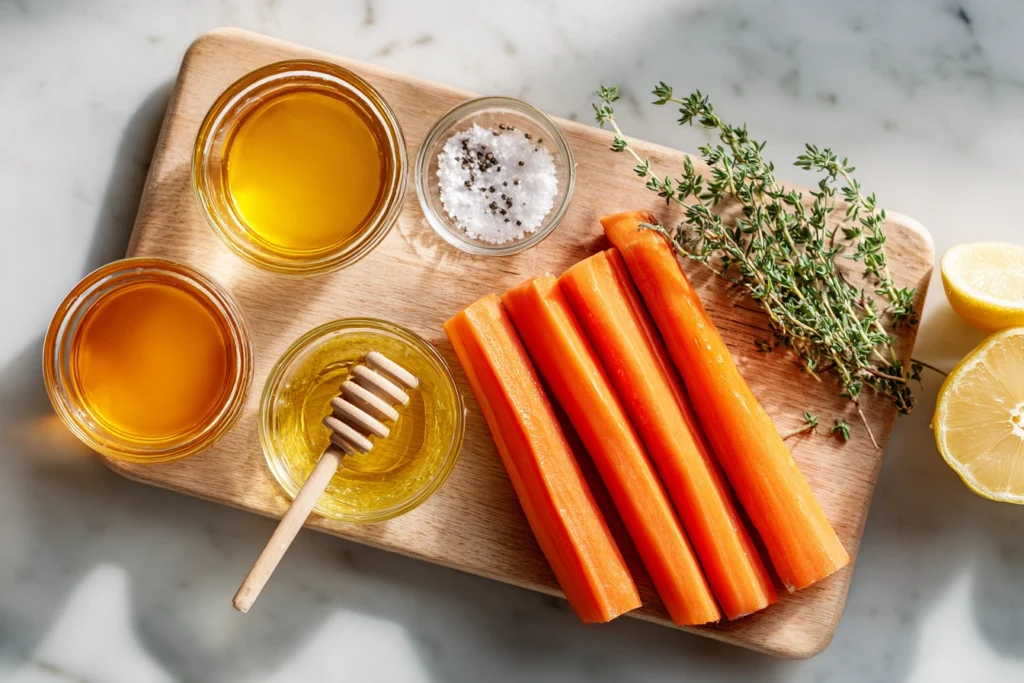 Honey Roasted Carrots: The Sweet and Savory Side Dish You’ll Keep Making 8 overhead shot of honey roasted carrots ingredients arranged neatly on a wooden board