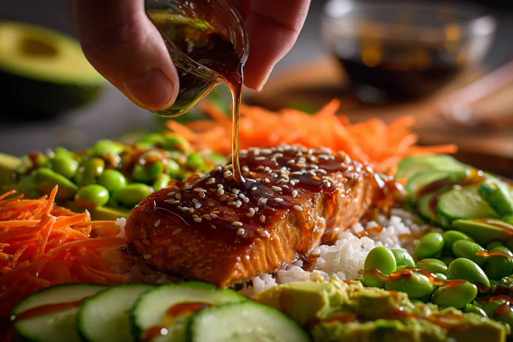 Honey Sriracha Salmon Bowls 10 Assembling honey sriracha salmon bowl with rice, vegetables, and drizzle of glaze in a bright modern kitchen.
