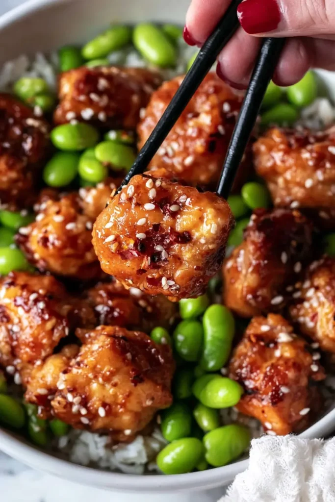 Honey Sriracha Salmon Bowls for a Quick Weeknight Dinner 5 Close-up of sticky glazed salmon in Honey Sriracha Salmon Bowls with sesame seeds and edamame
