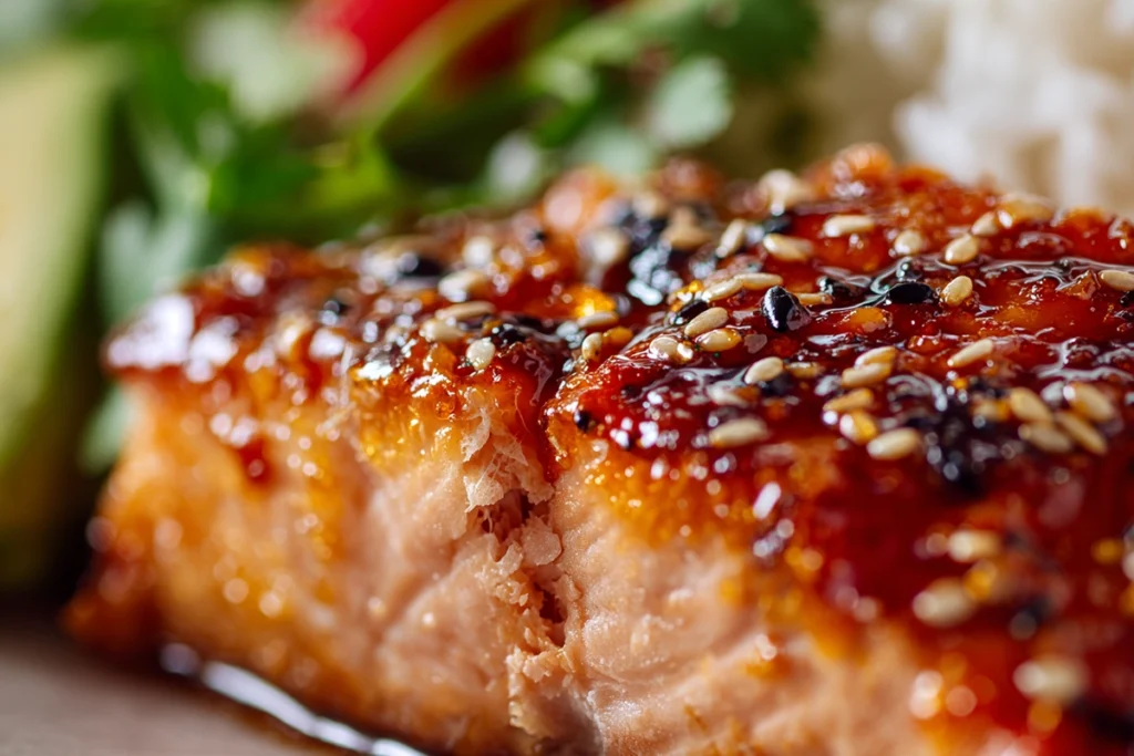 Honey Sriracha Salmon Bowls 11 Close-up texture of honey sriracha salmon showing caramelized glaze and flaky interior.