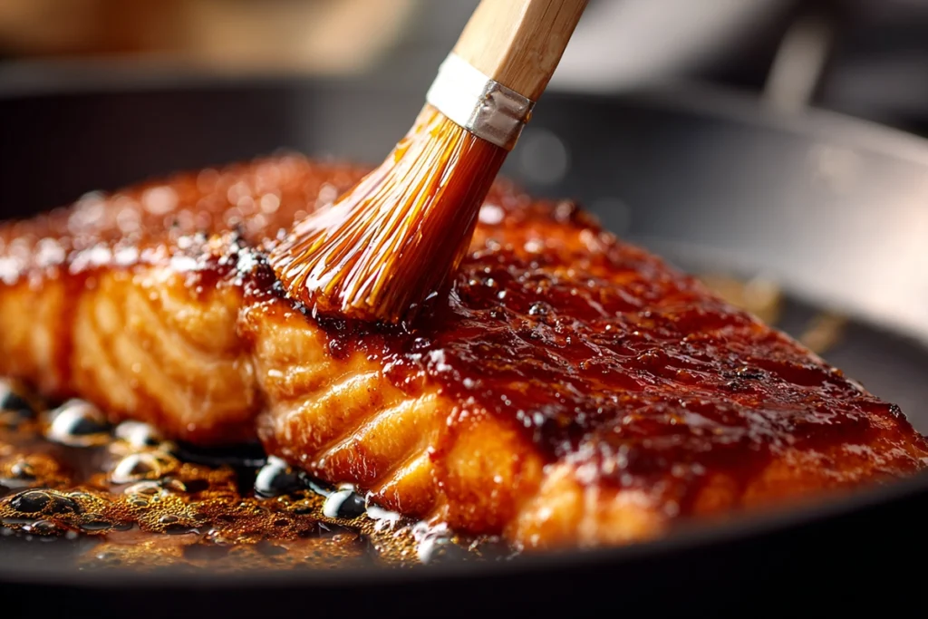 Honey Sriracha Salmon Bowls 9 Close-up of honey sriracha glaze being brushed onto salmon fillet in a skillet during cooking.