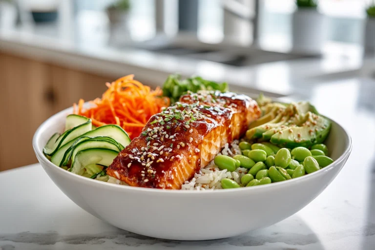 Honey Sriracha Salmon Bowl hero image showing glazed salmon over rice with fresh vegetables and sesame garnish.
