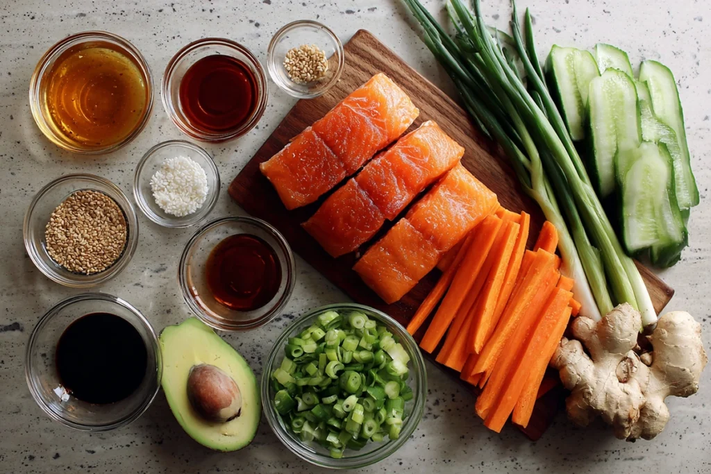 Honey Sriracha Salmon Bowls 8 Overhead view of honey sriracha salmon bowl ingredients arranged in glass bowls and on a wooden board.