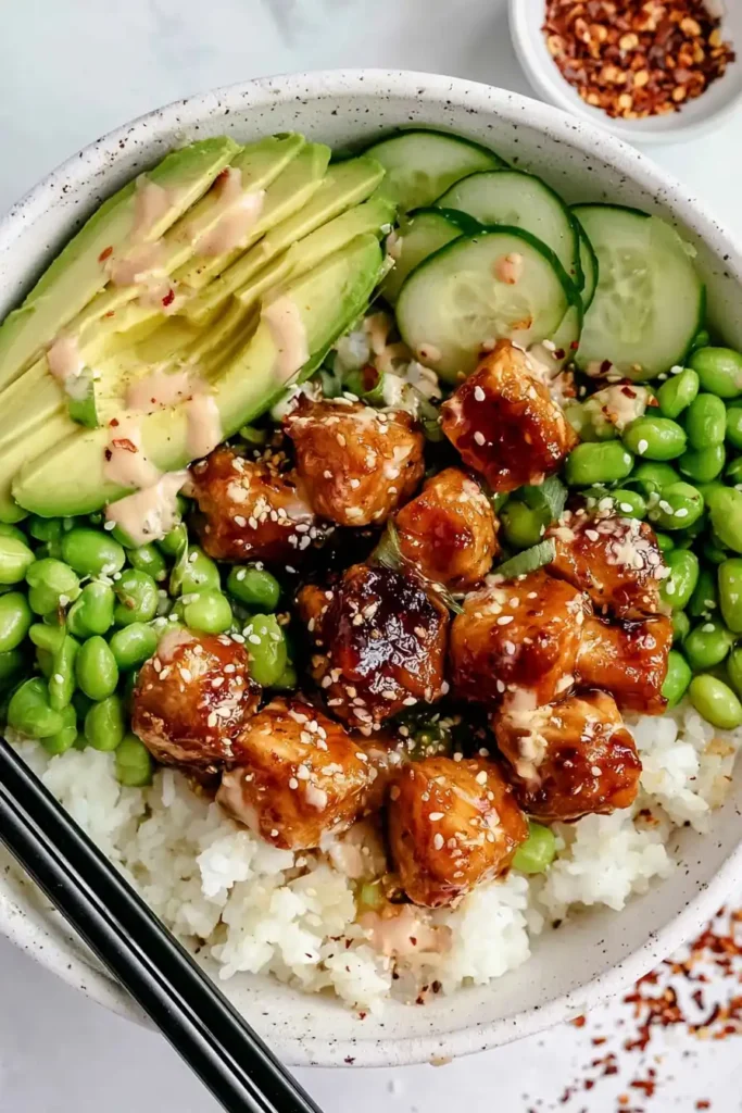 Honey Sriracha Salmon Bowls for a Quick Weeknight Dinner 6 Assembled Honey Sriracha Salmon Bowls with rice and fresh toppings ready for serving or storage