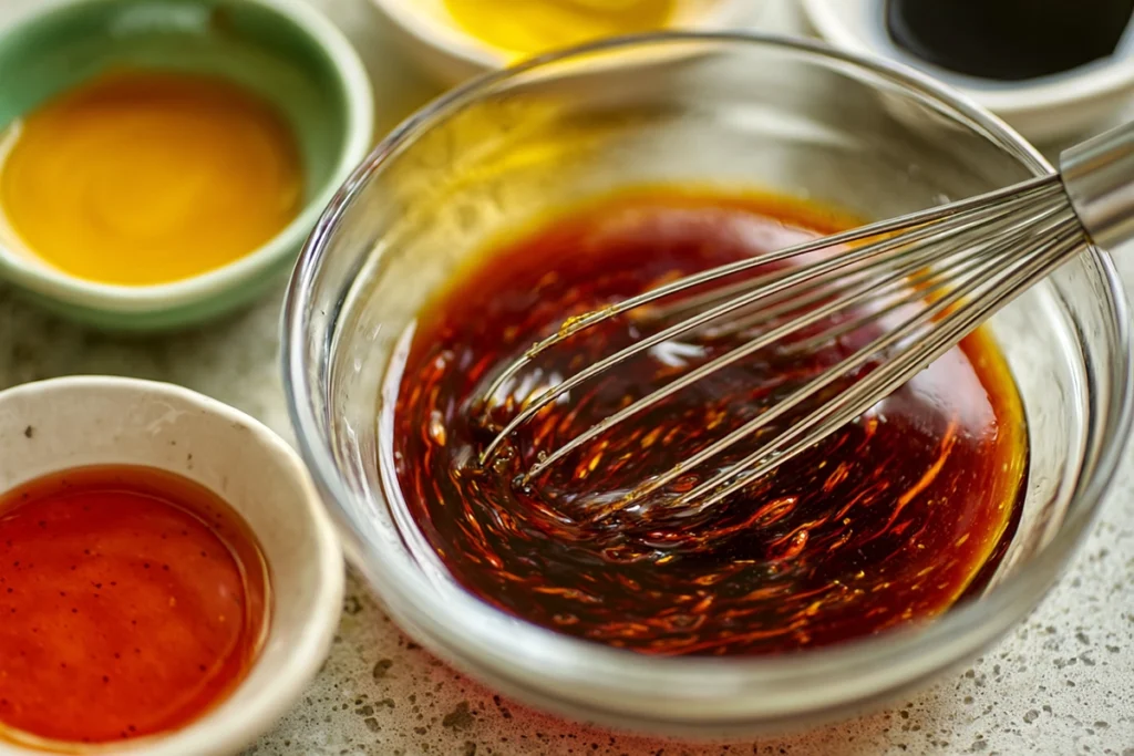 Honey Sriracha Salmon Bowl marinade being whisked in a glass bowl