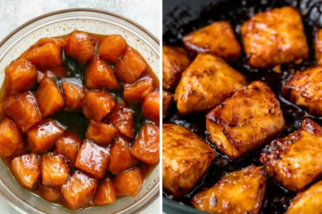 Honey Sriracha Salmon Bowls for a Quick Weeknight Dinner 3 Marinated and seared salmon cubes for Honey Sriracha Salmon Bowls