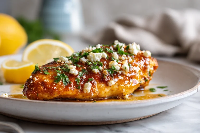 Hot Honey Feta Chicken – A Sweet and Spicy Dinner That’ll Win Everyone Over 12 Crispy Hot Honey Feta Chicken topped with feta and honey drizzle on a white plate