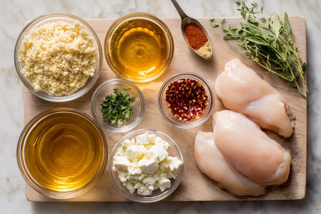 Hot Honey Feta Chicken – A Sweet and Spicy Dinner That’ll Win Everyone Over 7 Overhead flat lay of ingredients for Hot Honey Feta Chicken on wooden board