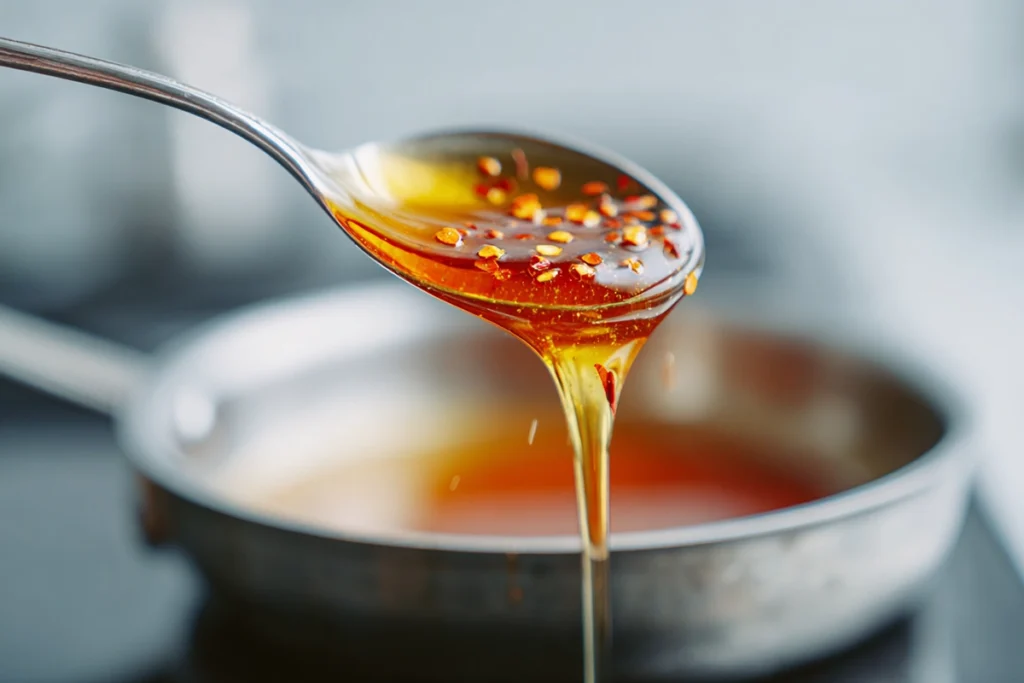 Hot Honey Feta Chicken – A Sweet and Spicy Dinner That’ll Win Everyone Over 9 Close-up of hot honey glaze being poured for Hot Honey Feta Chicken