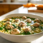 A warm bowl of italian wedding soup with meatballs, spinach, and pasta