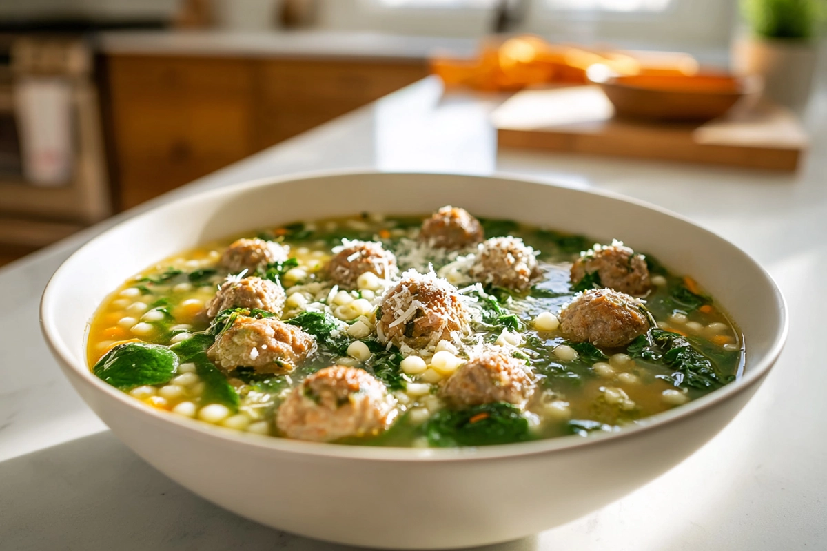 A warm bowl of italian wedding soup with meatballs, spinach, and pasta