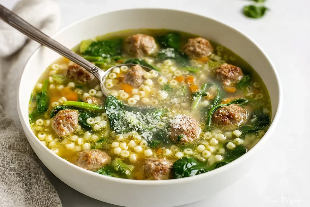 A steaming bowl of italian wedding soup ready to eat