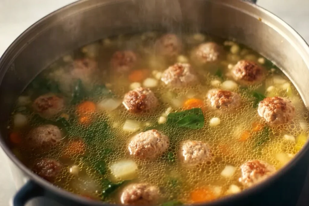 Italian wedding soup simmering with meatballs and vegetables