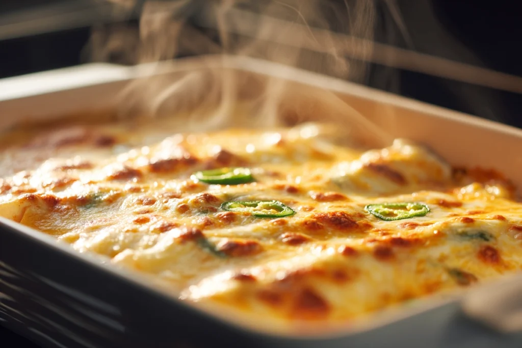 Jalapeño Popper Cheesy Chicken Enchiladas — Creamy, Spicy, and Absolutely Irresistible 10 Golden cheesy Jalapeño Popper Cheesy Chicken Enchiladas bubbling in the oven with melted cheese and jalapeño slices.