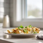 Jalapeño Popper Cheesy Chicken Enchiladas — Creamy, Spicy, and Absolutely Irresistible 7 Jalapeño Popper Cheesy Chicken Enchiladas on a modern plate, topped with melted cheese, jalapeños, and cilantro in a bright kitchen setting.