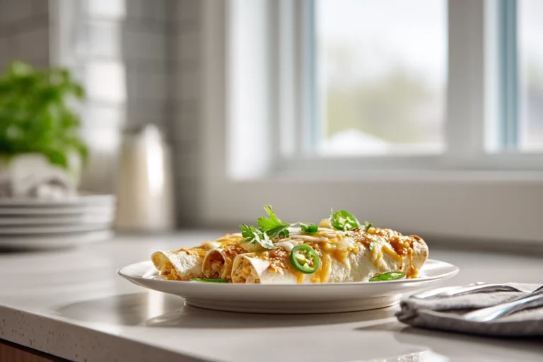 Jalapeño Popper Cheesy Chicken Enchiladas — Creamy, Spicy, and Absolutely Irresistible 6 Jalapeño Popper Cheesy Chicken Enchiladas on a modern plate, topped with melted cheese, jalapeños, and cilantro in a bright kitchen setting.