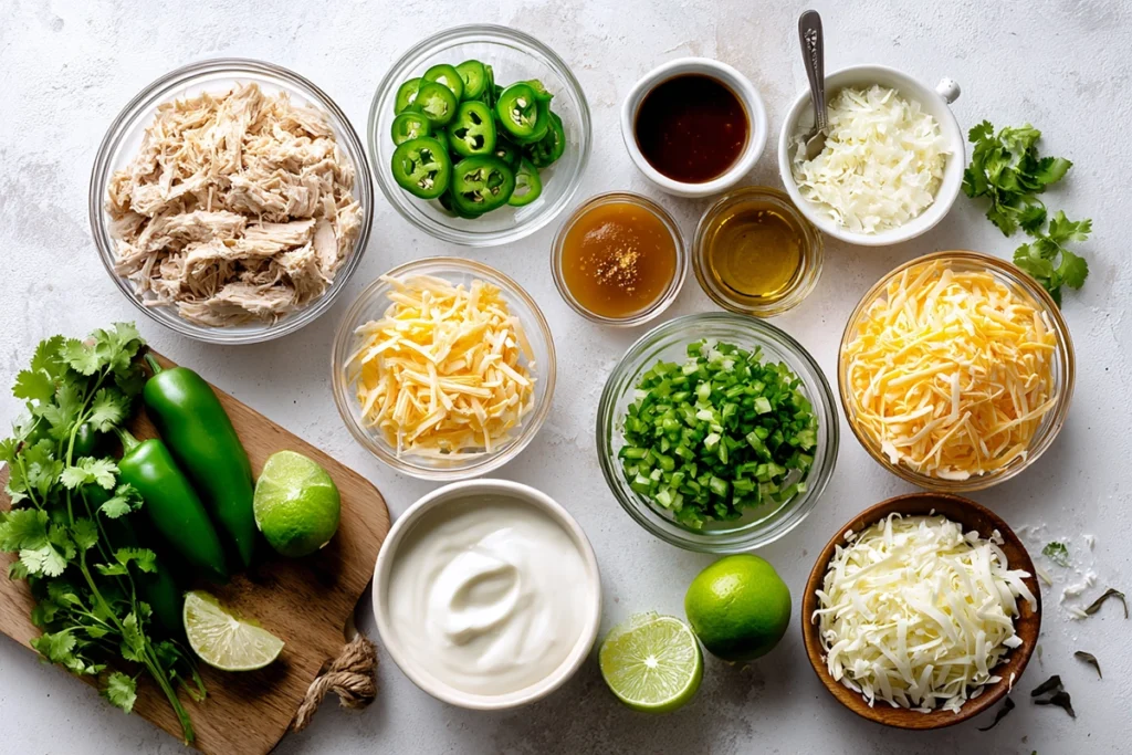 Jalapeño Popper Cheesy Chicken Enchiladas — Creamy, Spicy, and Absolutely Irresistible 8 Overhead view of ingredients for Jalapeño Popper Cheesy Chicken Enchiladas including shredded chicken, cream cheese, jalapeños, and cheese on a clean counter.