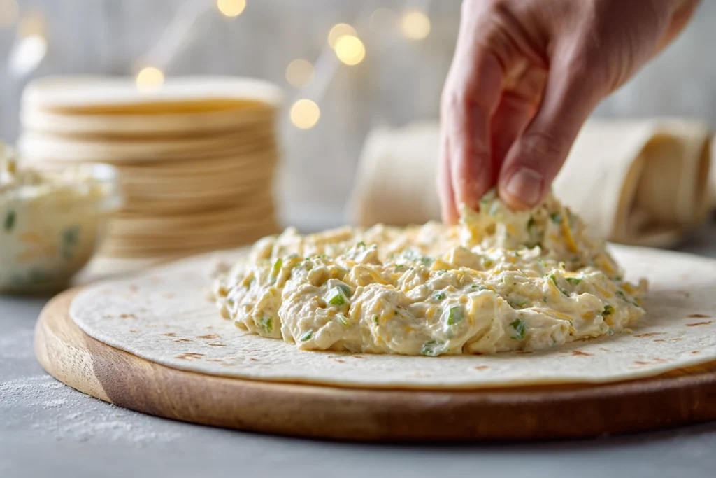 Jalapeño Popper Cheesy Chicken Enchiladas — Creamy, Spicy, and Absolutely Irresistible 9 Spreading creamy chicken and jalapeño filling onto a tortilla while preparing Jalapeño Popper Cheesy Chicken Enchiladas.