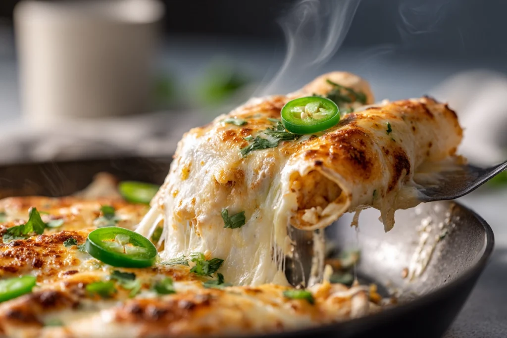 Jalapeño Popper Cheesy Chicken Enchiladas — Creamy, Spicy, and Absolutely Irresistible 11 Close-up of cheesy Jalapeño Popper Cheesy Chicken Enchiladas being served from the pan with melted cheese and jalapeño garnish.