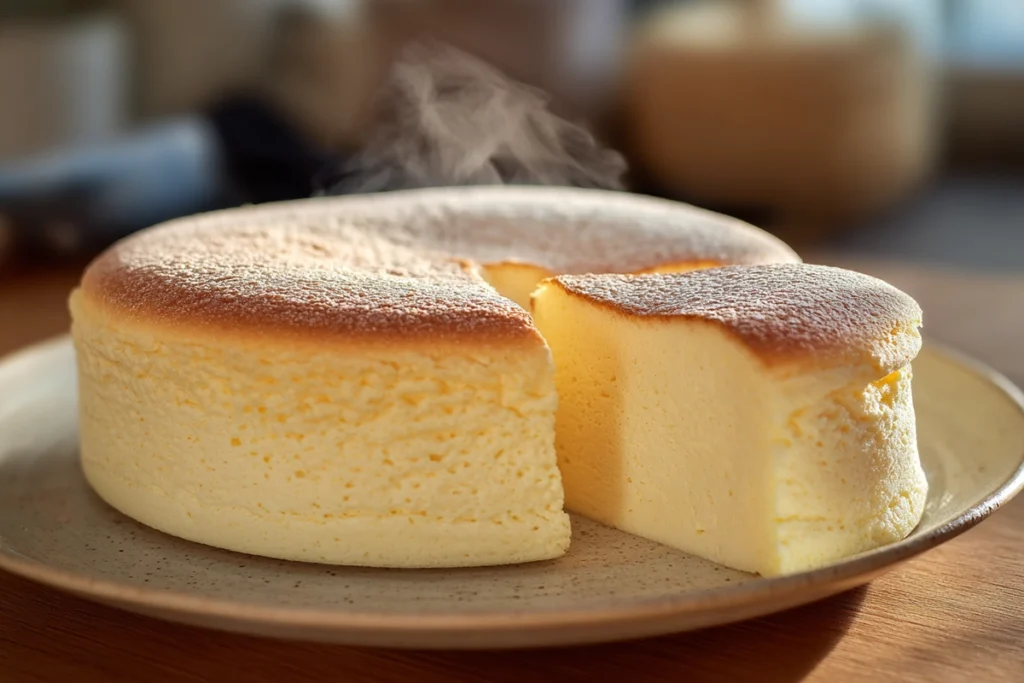 Japanese Cheesecake slice showing a soft, fluffy interior just before serving