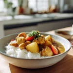 How to Make Japanese Curry at Home: The Cozy Comfort Food You’ll Crave All Year 7 Photorealistic close-up of Japanese curry over rice in a modern kitchen with natural daylight and visible steam rising.