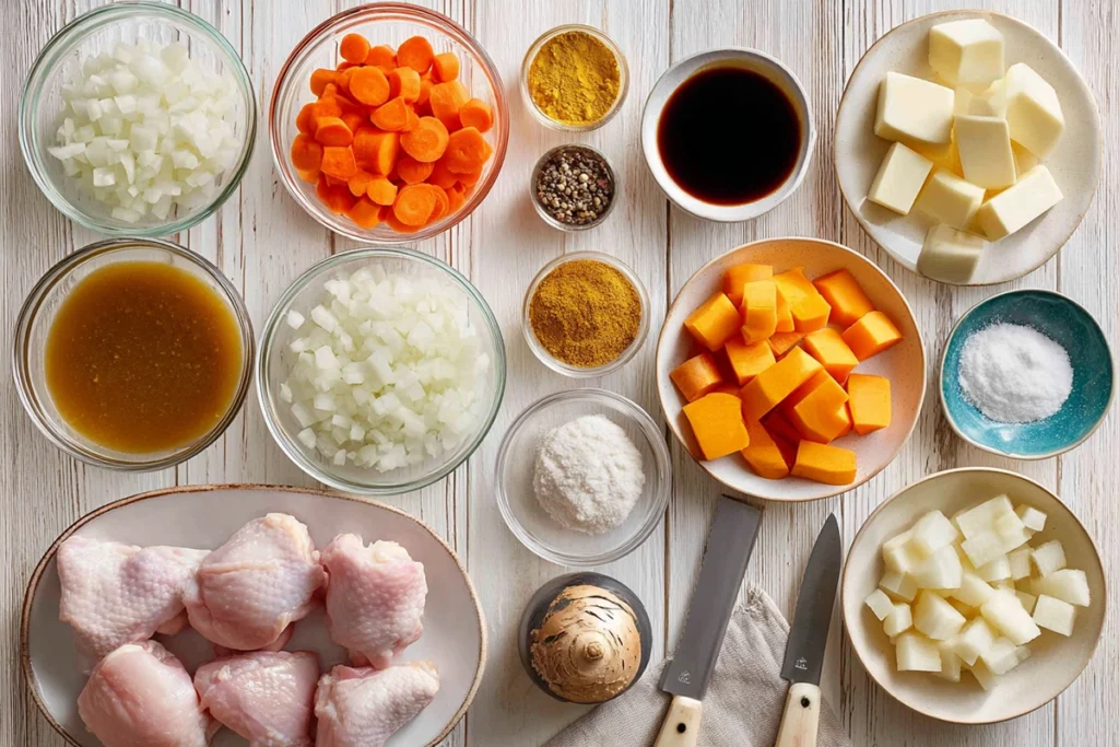 How to Make Japanese Curry at Home: The Cozy Comfort Food You’ll Crave All Year 8 Overhead view of Japanese curry ingredients arranged neatly on a wooden kitchen surface in natural light.